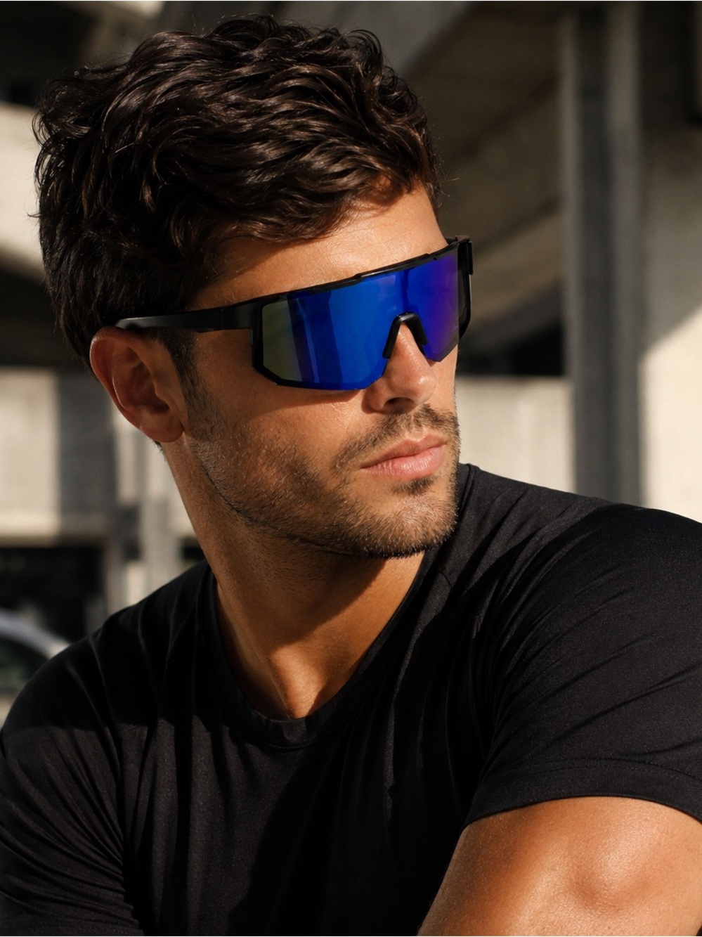 Men's Blue Mirrored Performance Sunglasses - Black Frame New🔥